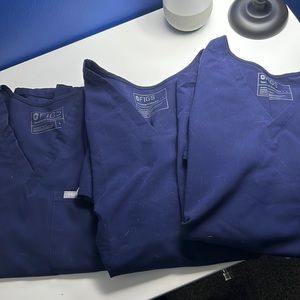 3 figs scrub tops, navy blue, all size large. 2 of them have the 1 chest pocket